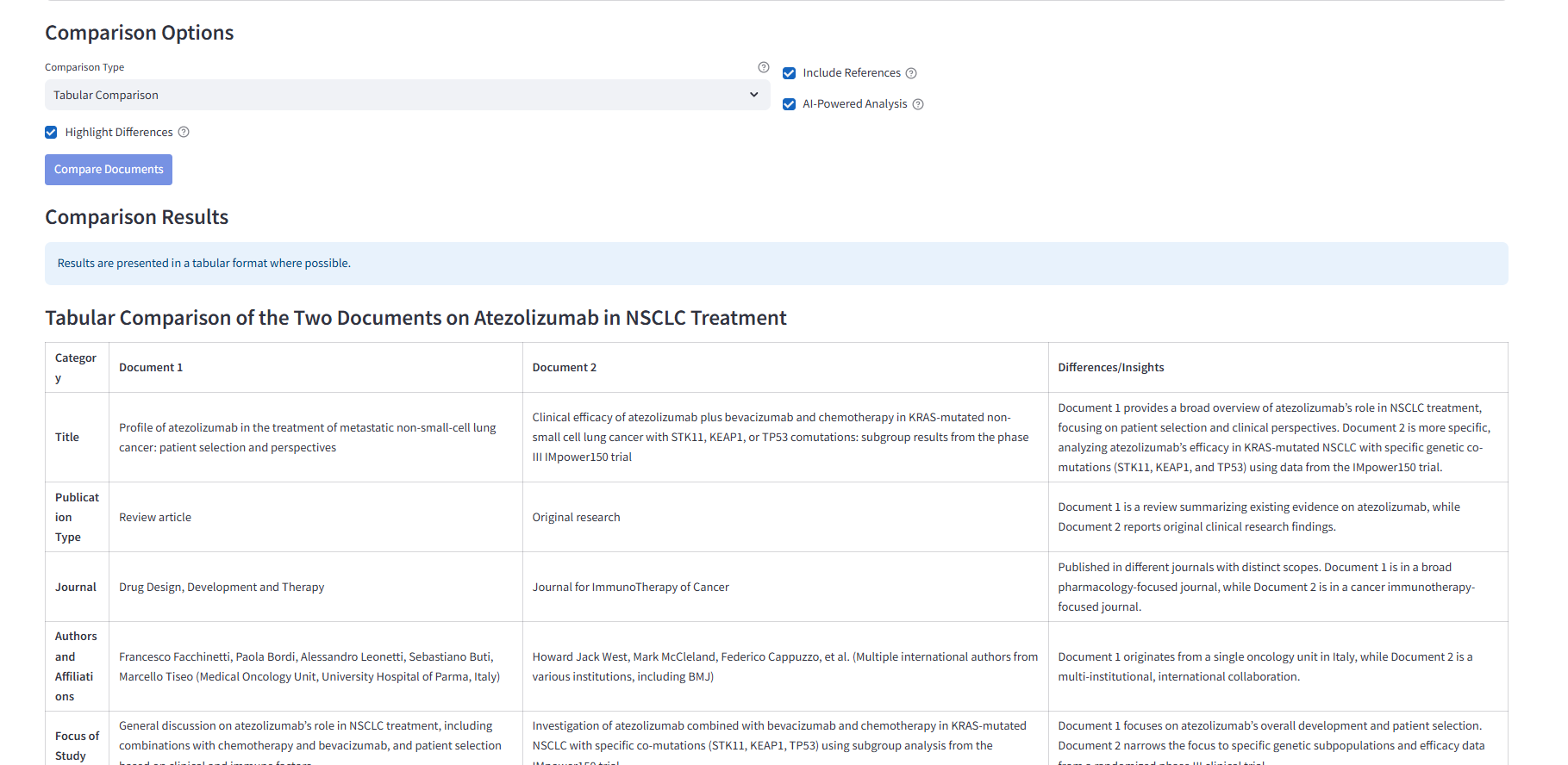 Specification comparison view